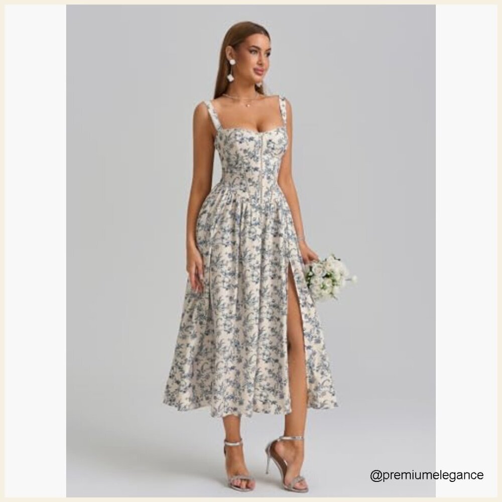 Floral Corset Midi Dress with Pockets, Smocked Back, Sweetheart Neck - Picture 2 of 7